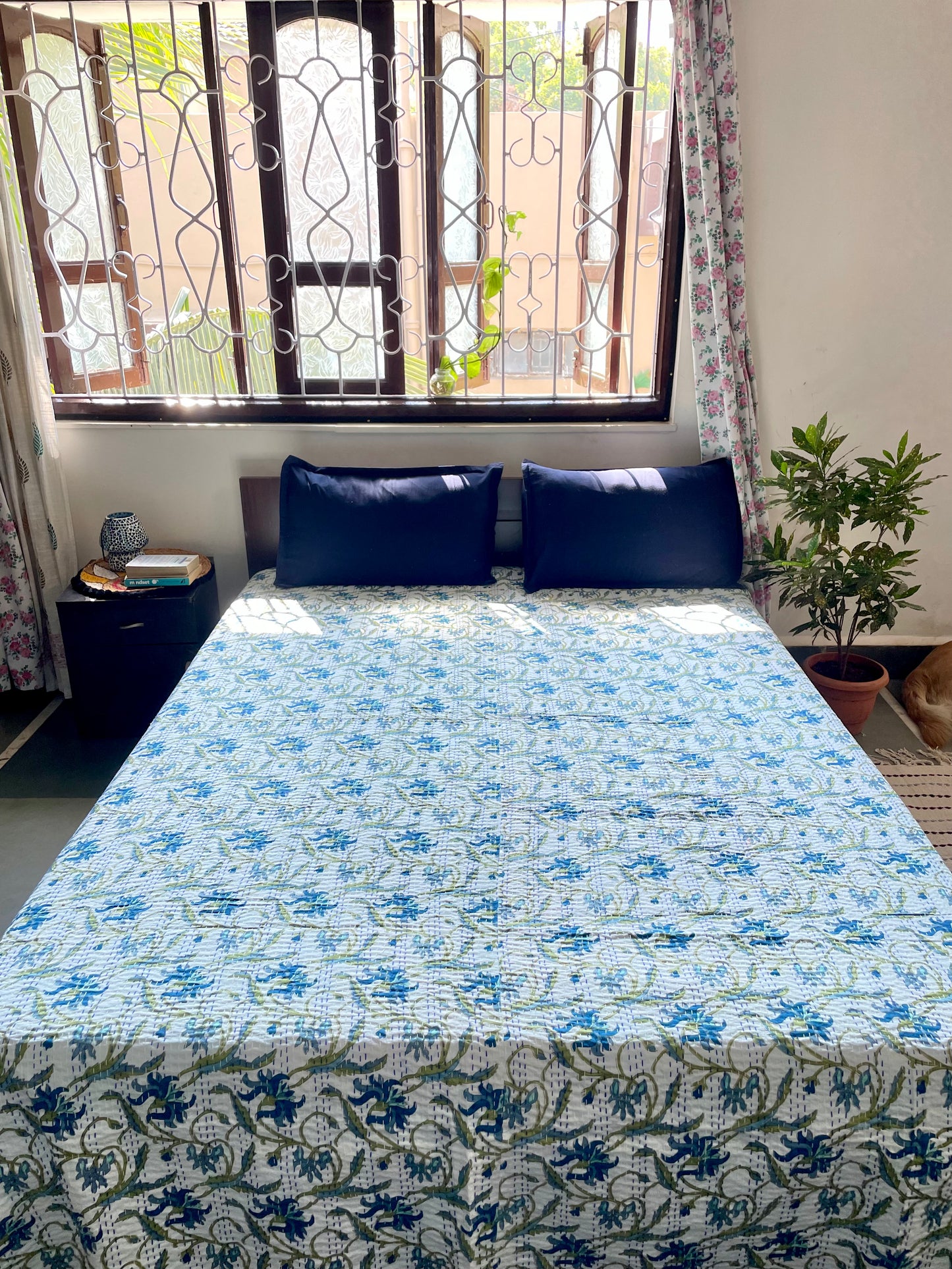 White Base Kantha Bedcover with Blue & Green Floral Motifs | Handmade & Elegant