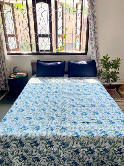 White Base Kantha Bedcover with Blue & Green Floral Motifs | Handmade & Elegant