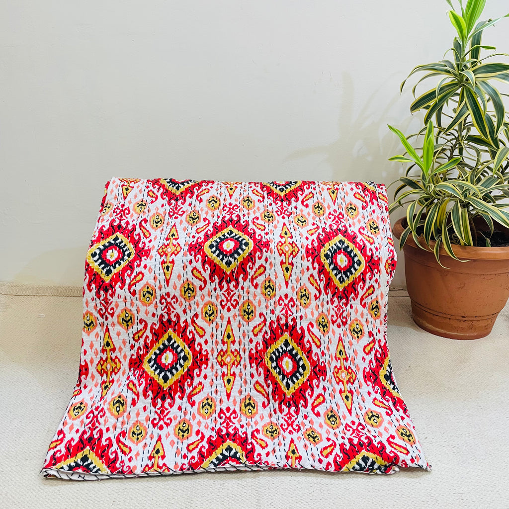 White and Red Diamond Print Kantha Bedcover | Handmade & Elegant
