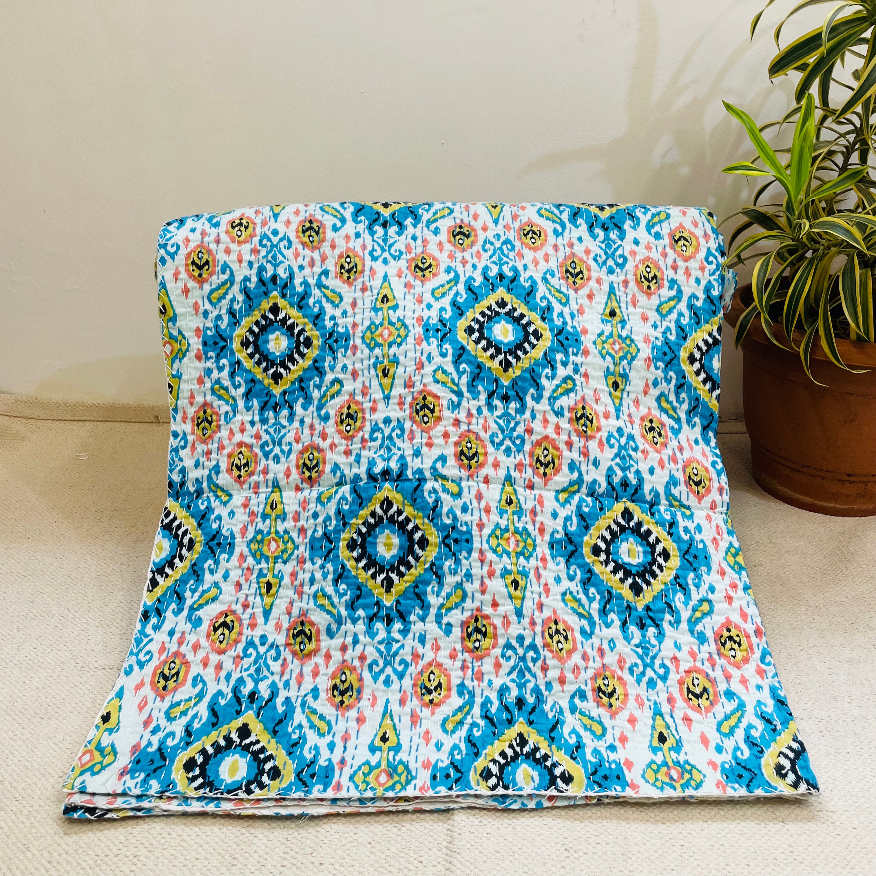 White and Sky Blue Diamond Print Kantha Bedcover | Handmade & Elegant