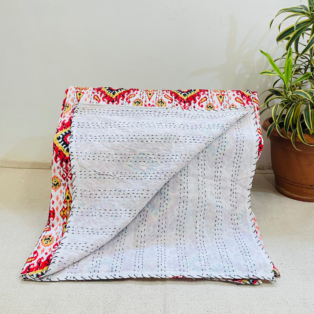 White and Red Diamond Print Kantha Bedcover | Handmade & Elegant