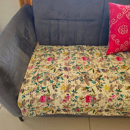 Beige Floral Kantha Sofa Cover – Handmade