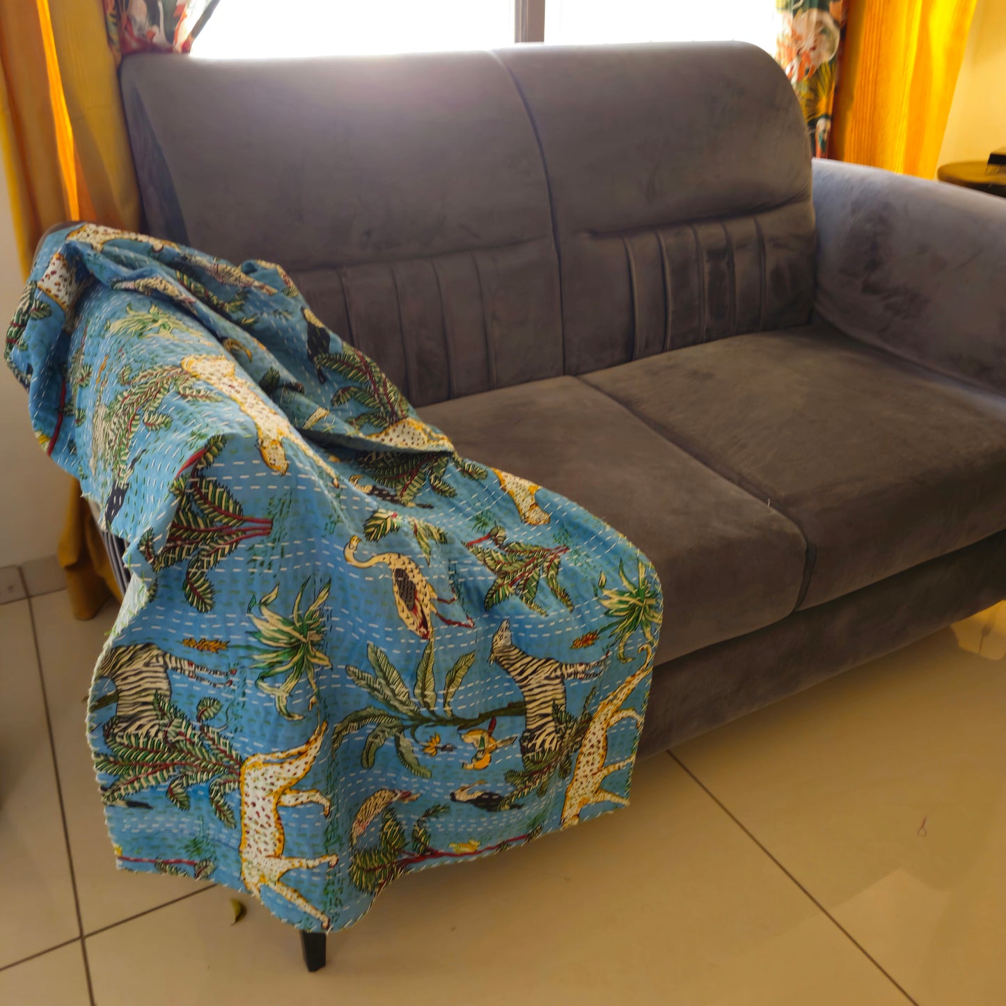 Sky Blue Color Wildlife-Looking Kantha Work Handmade Sofa Throw