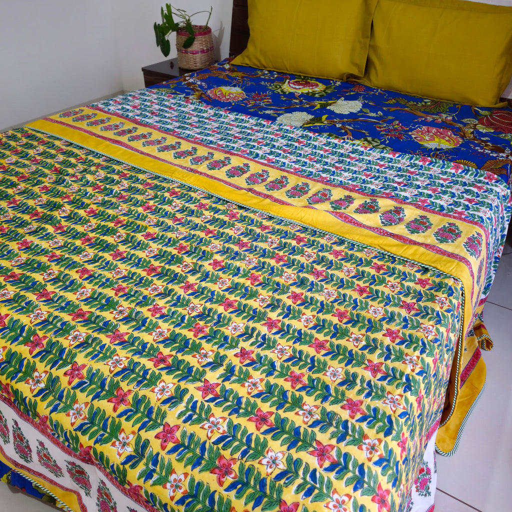 Yellow And Green Floral Print Pure Cotton Reversible Dohar King Size