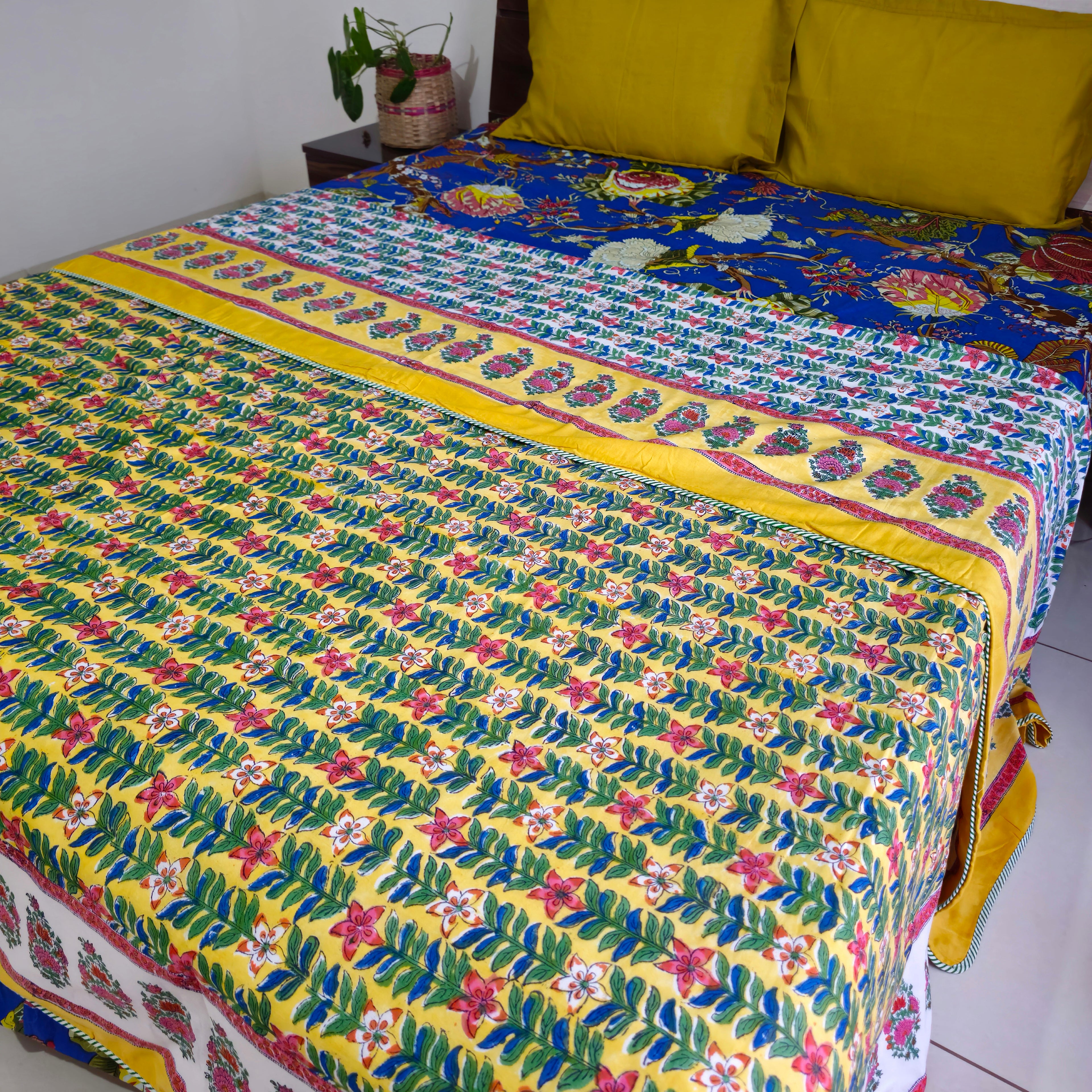 Yellow And Green Floral Print Pure Cotton Reversible Dohar King Size