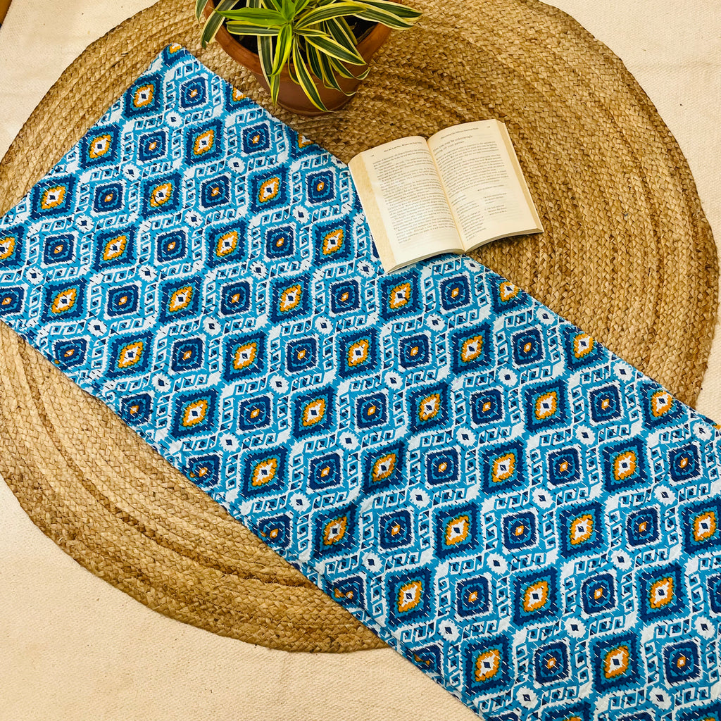 Blue Kantha Bedcover with Diamond Motifs | Handmade & Elegant
