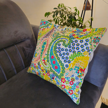 Green Paisley Floral Kantha Work Cushion Cover – Handmade