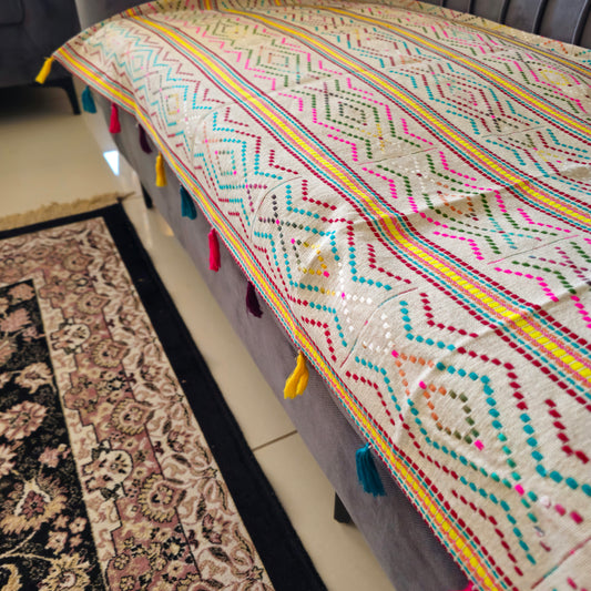 Beige Sofa Cover with Multicolor Thread Work and Tassels – Handwoven, Soft, and Durable