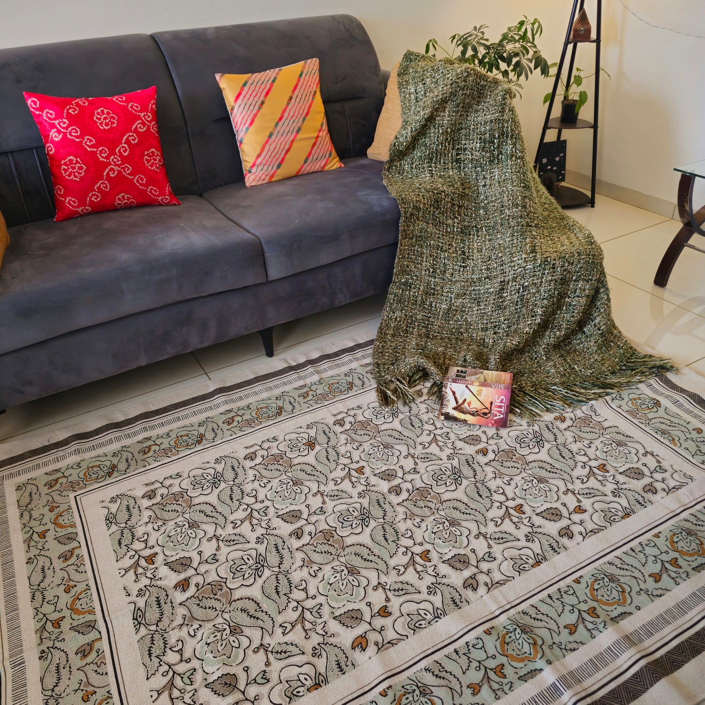 White and Green Cotton Rug with Large Floral Motif | Handwoven Dhurrie Carpet