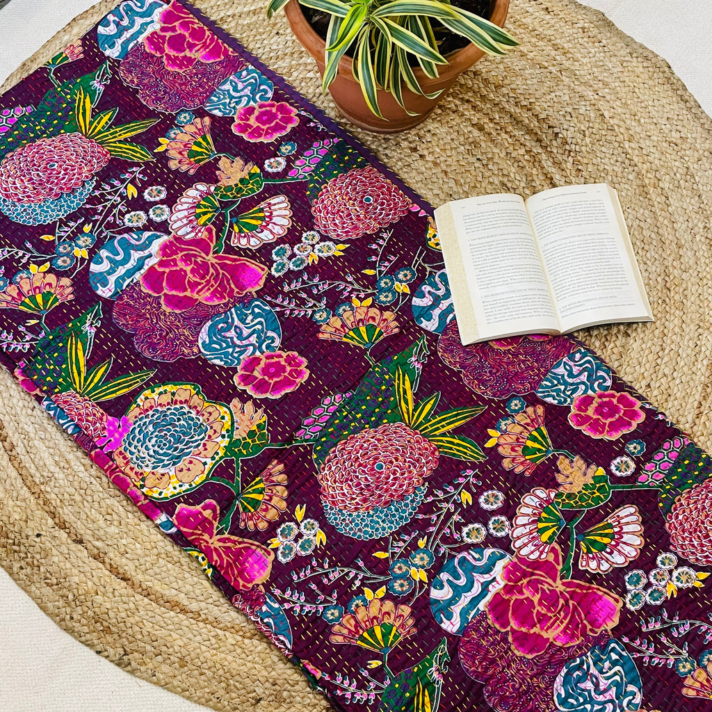 Purple Abstract Fruit Print Kantha Bedcover | Reversible & Handmade