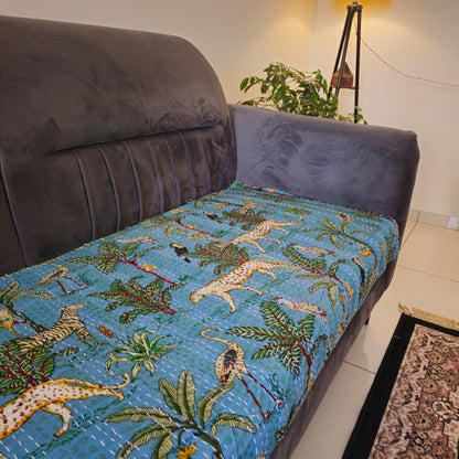 Blue Animal Print Kantha Sofa Cover