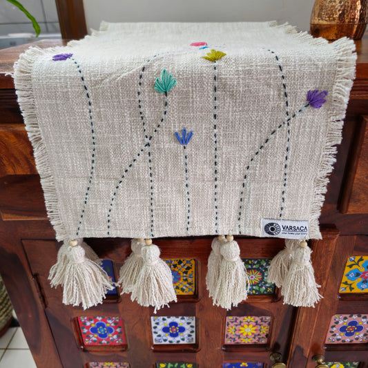 Handmade Kantha Work Slub Cotton Table Runner in Off-white Color with Embroidery and Hanging Tassels