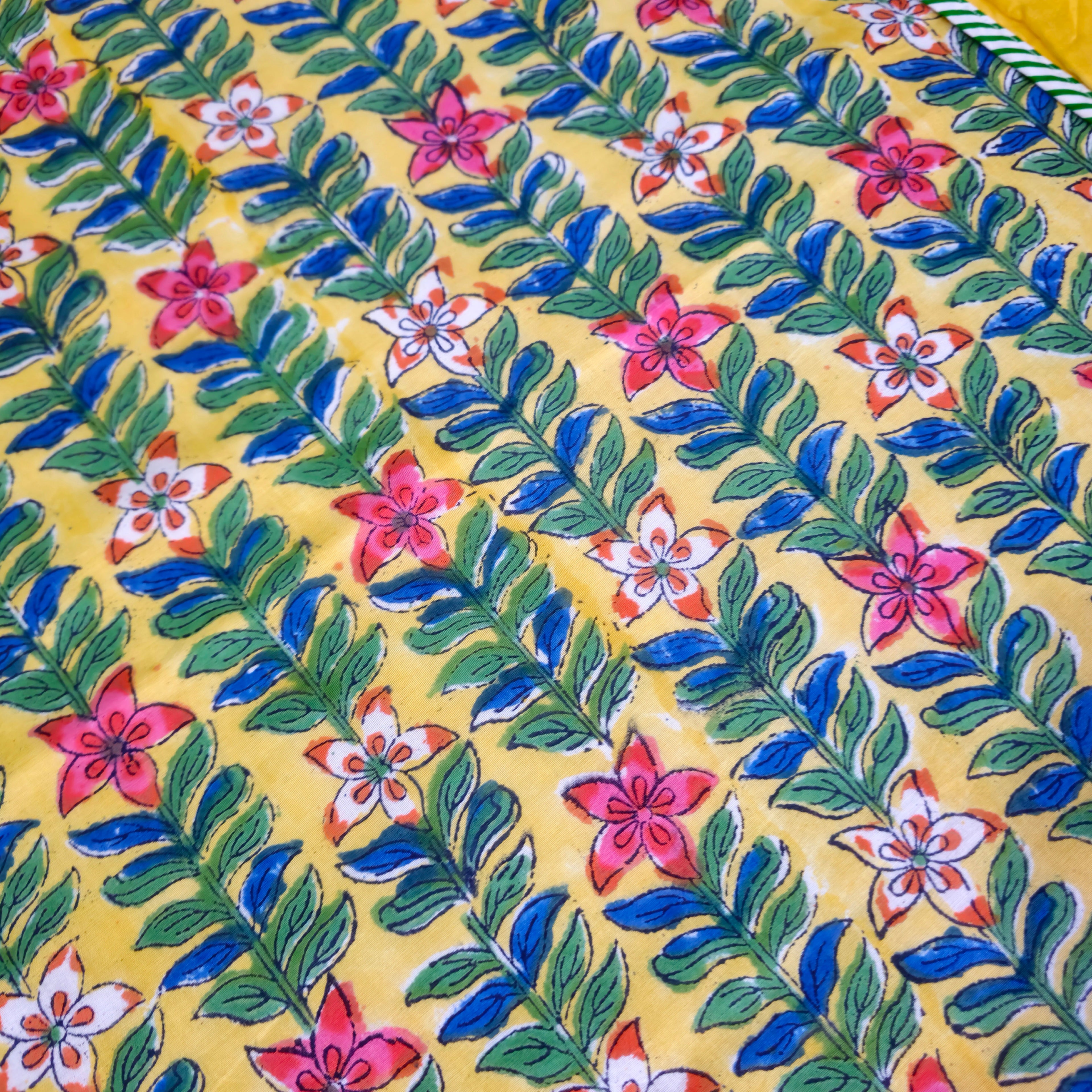 Yellow And Green Floral Print Pure Cotton Reversible Dohar King Size