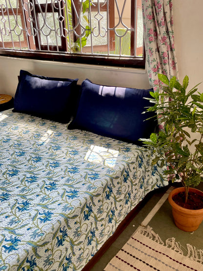 White Base Kantha Bedcover with Blue & Green Floral Motifs | Handmade & Elegant