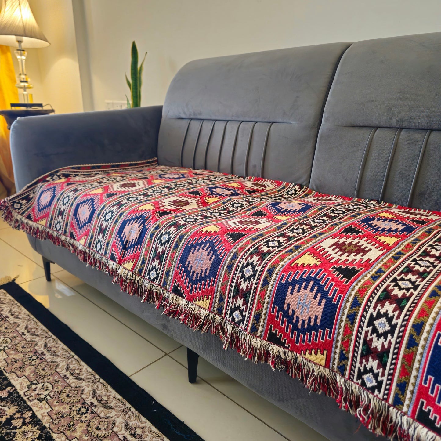 Red and Blue Geometrical Print Sofa Cover | Bold & Stylish Design