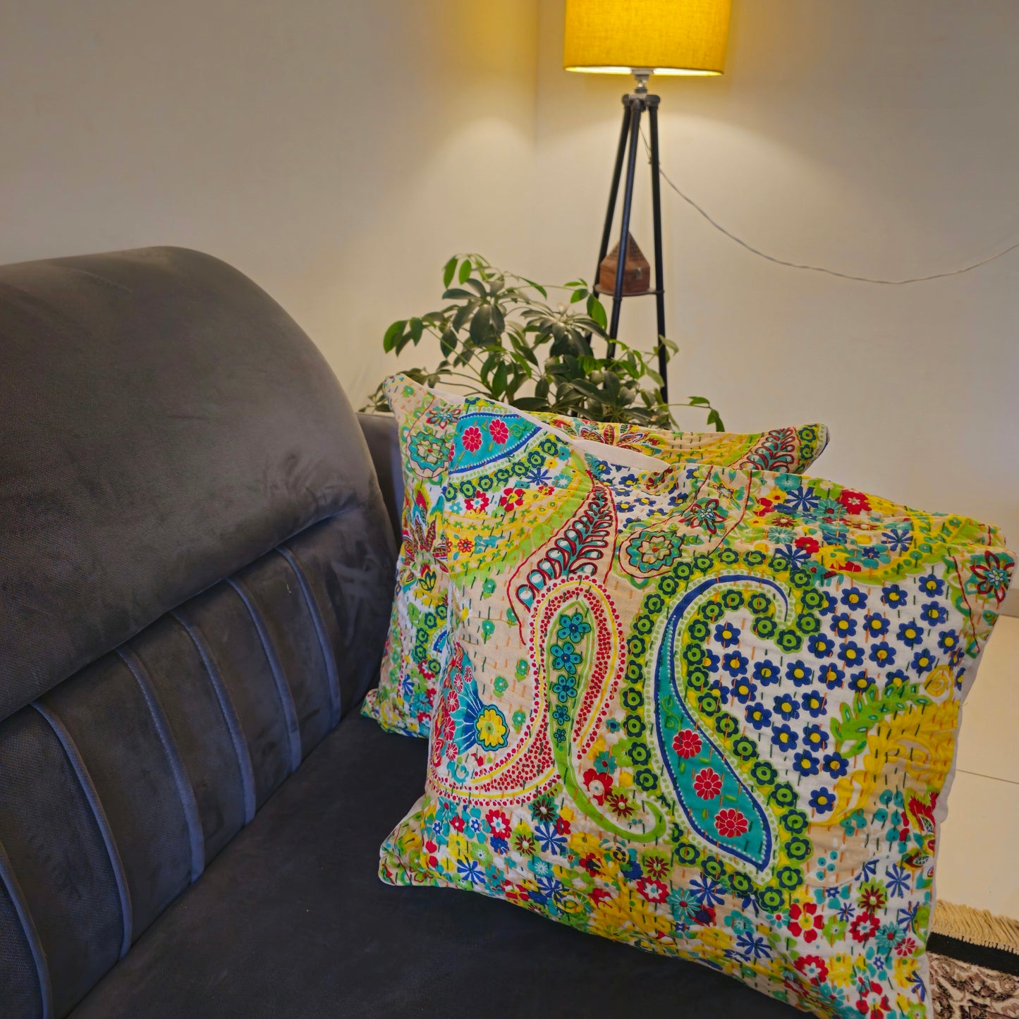 Green Paisley Floral Kantha Work Cushion Cover – Handmade