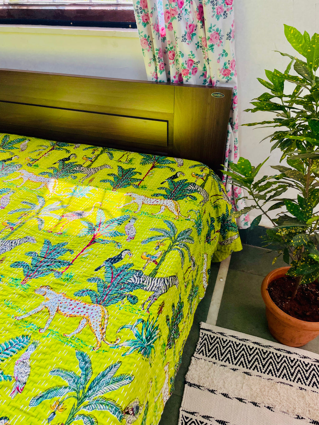 Bright Green Animal Print Kantha Bedcover | Reversible & Handmade