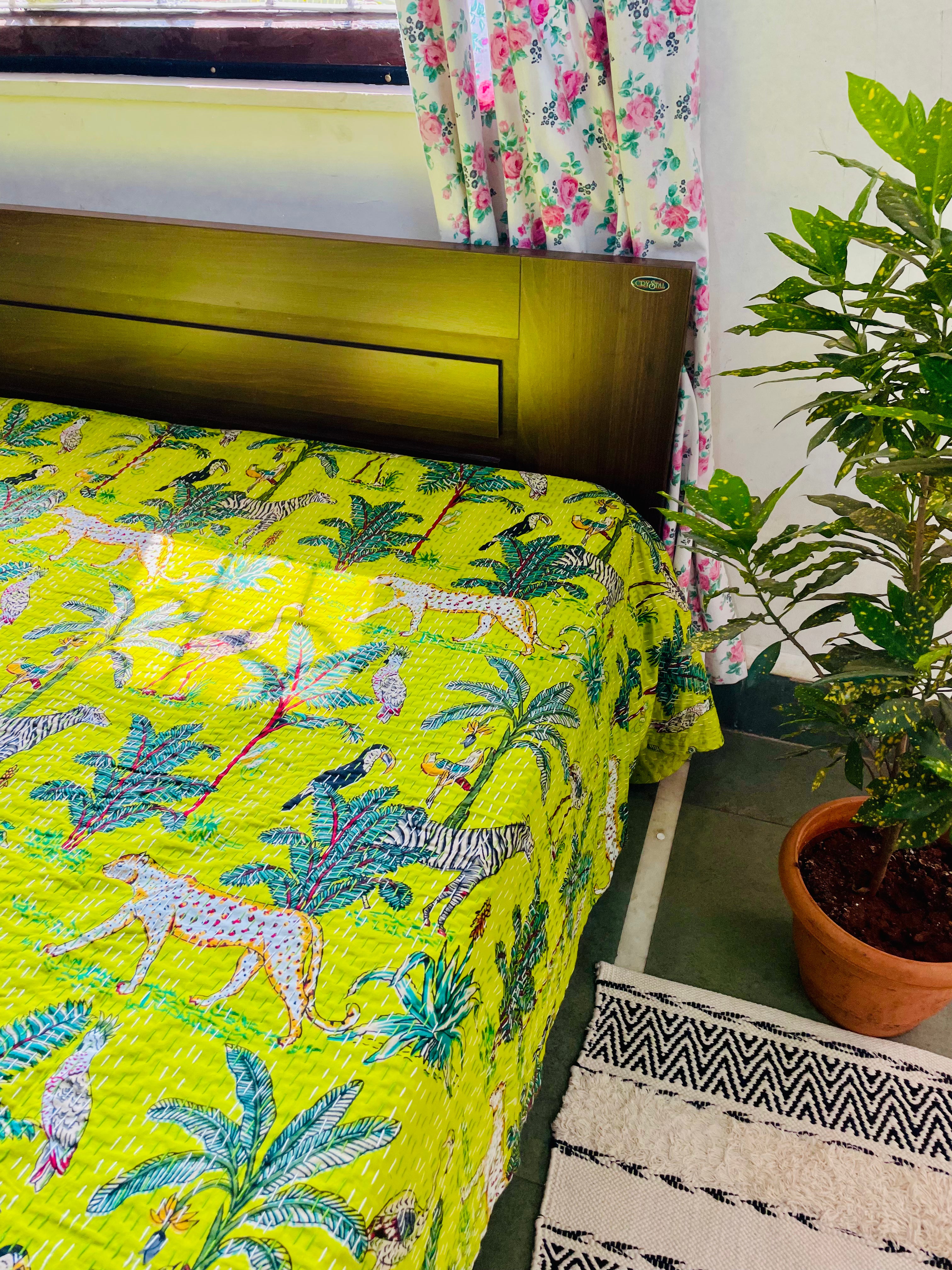 Bright Green Animal Print Kantha Bedcover | Reversible & Handmade