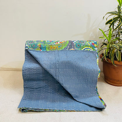 Grey and Green Paisley Print Kantha Bedcover | Handmade & Elegant