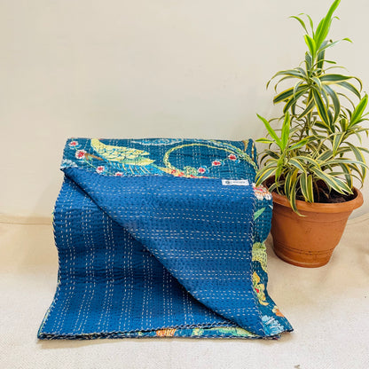 Handmade Blue Tropical Bird Kantha Bedcover