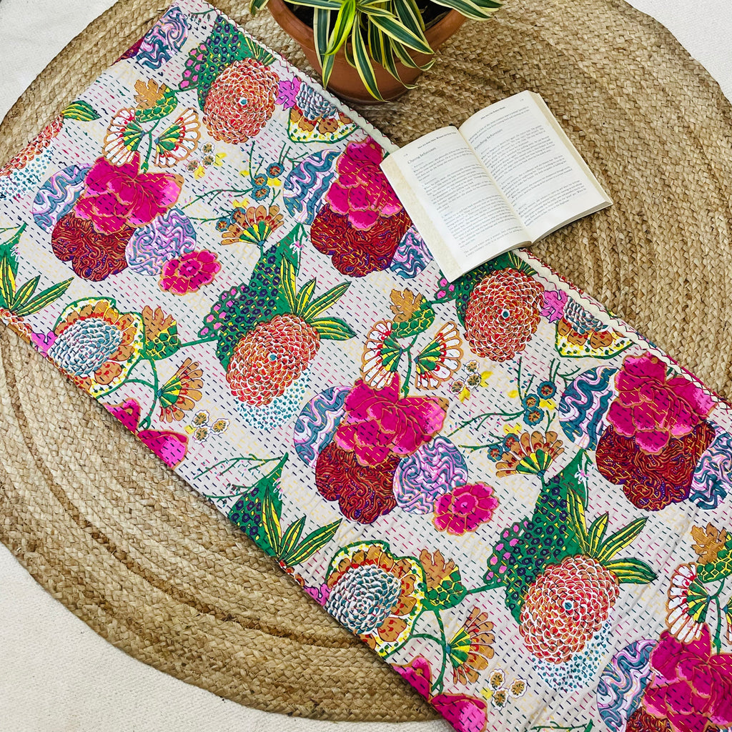 White Abstract Fruit Print Kantha Bedcover | Handmade & Stylish