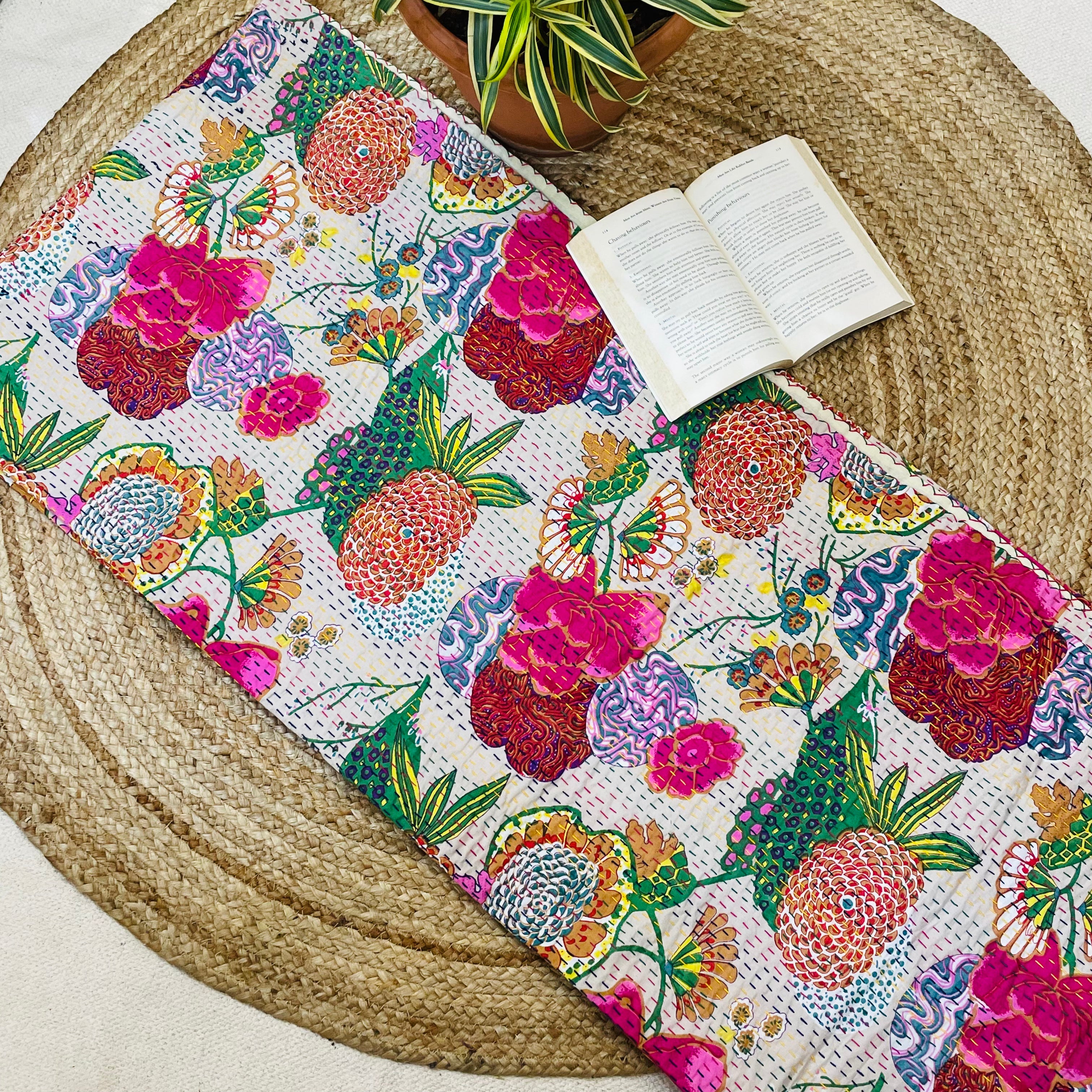 White Abstract Fruit Print Kantha Bedcover | Handmade & Stylish