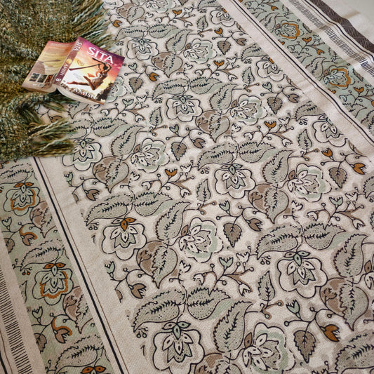 White and Green Cotton Rug with Large Floral Motif | Handwoven Dhurrie Carpet