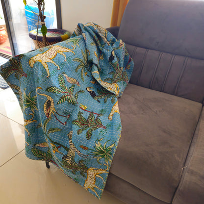 Sky Blue Color Wildlife-Looking Kantha Work Handmade Sofa Throw