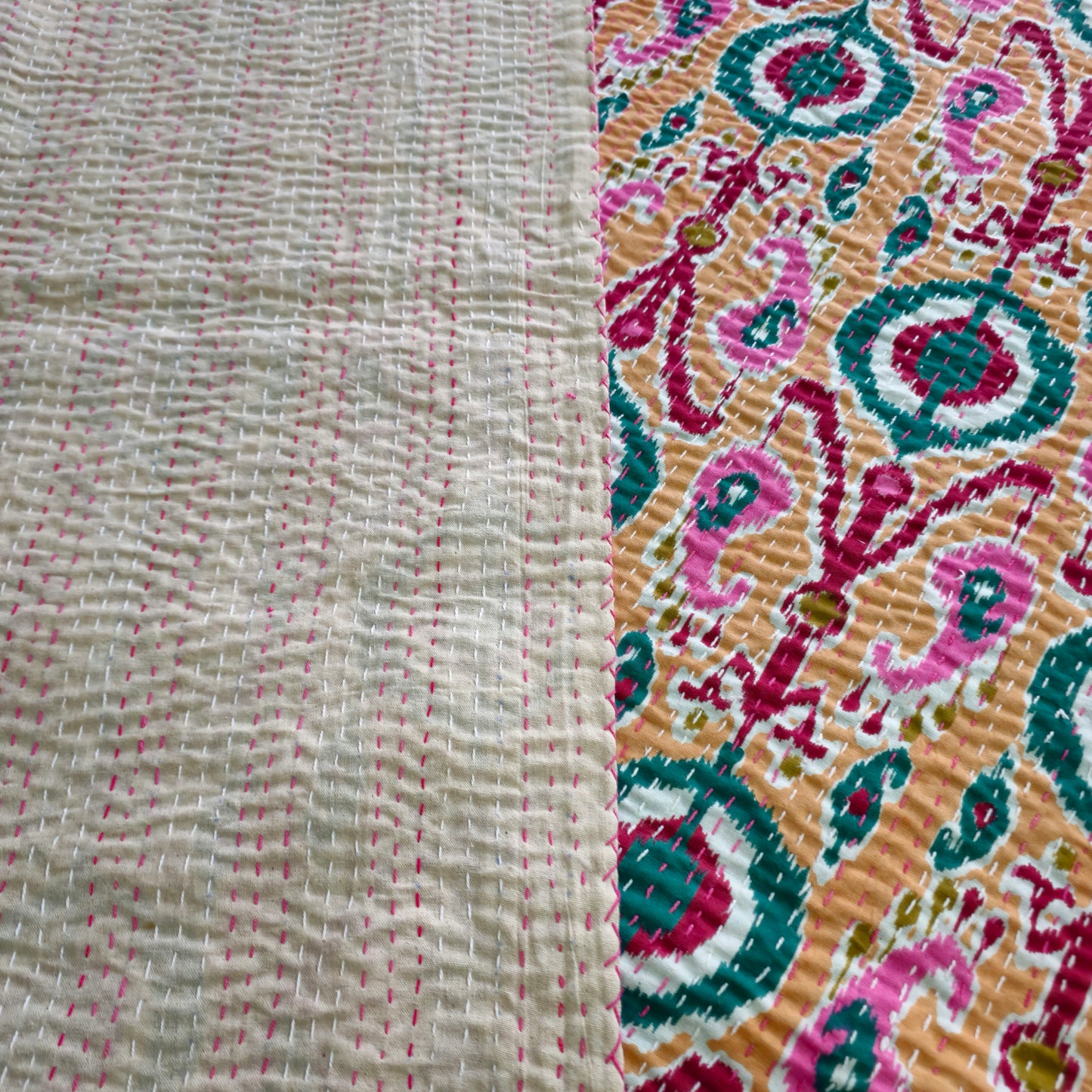 Peach Color Kantha Work Ikkat Print Single Bedcover