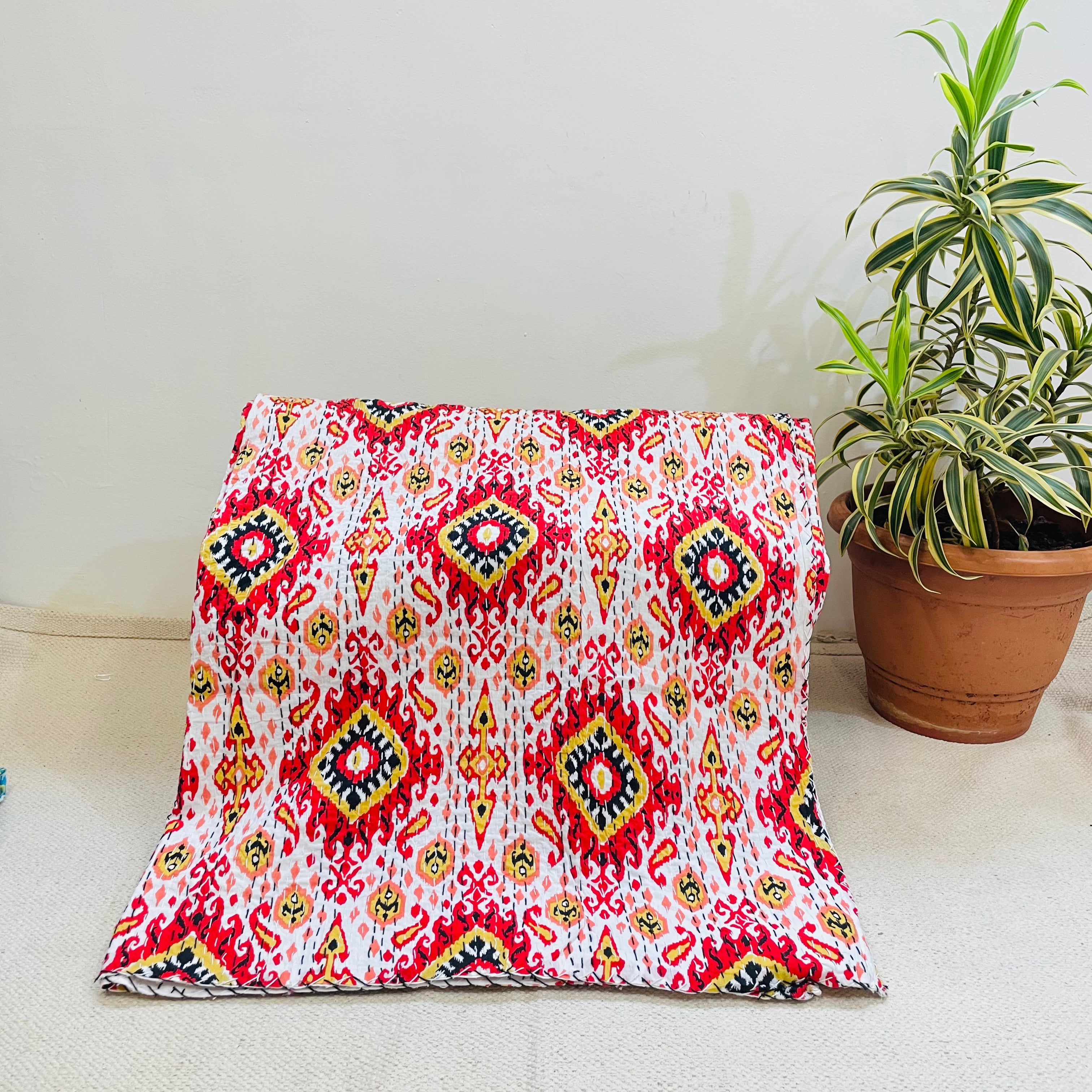 White and Red Diamond Print Kantha Bedcover | Handmade & Elegant