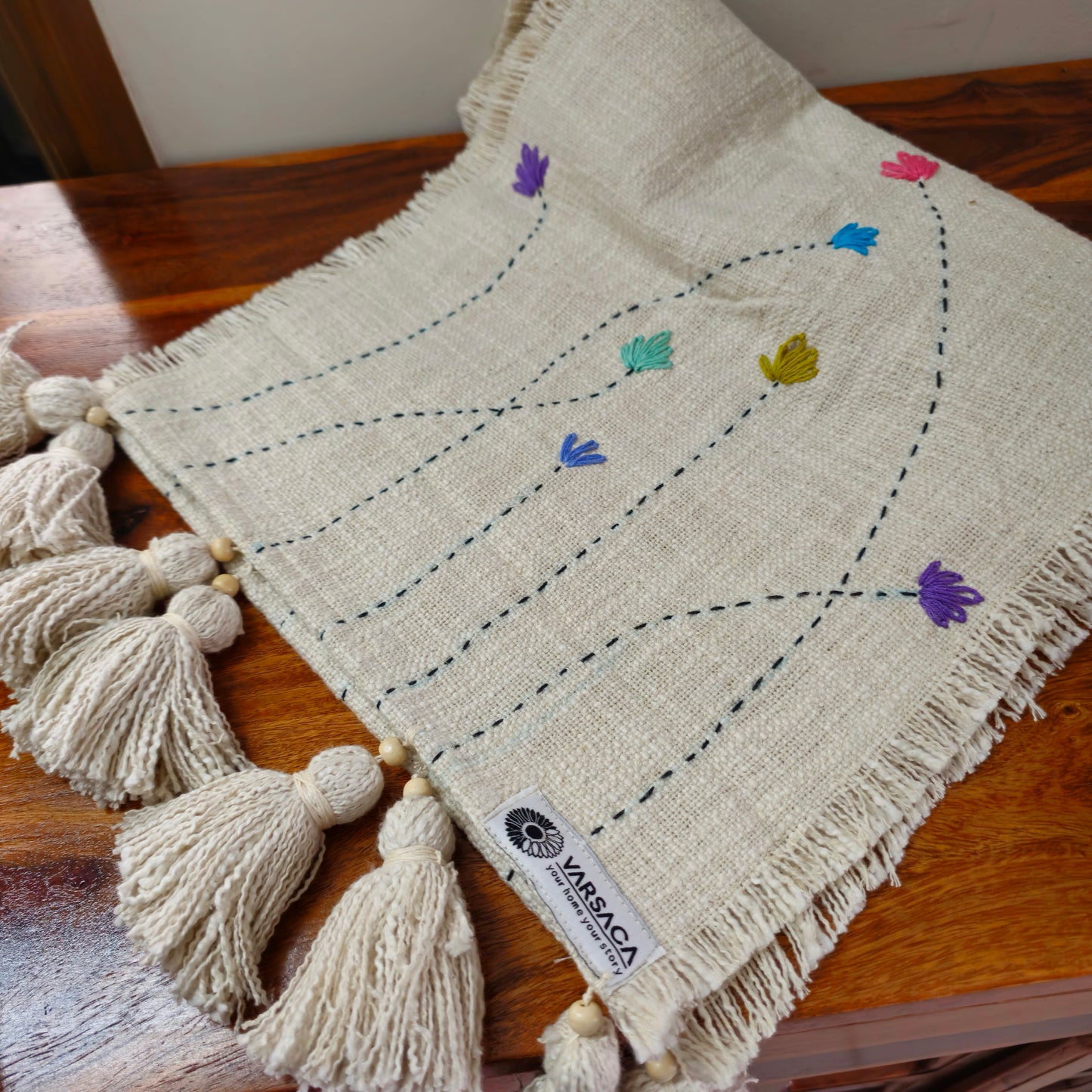 Handmade Kantha Work Slub Cotton Table Runner in Off-white Color with Embroidery and Hanging Tassels