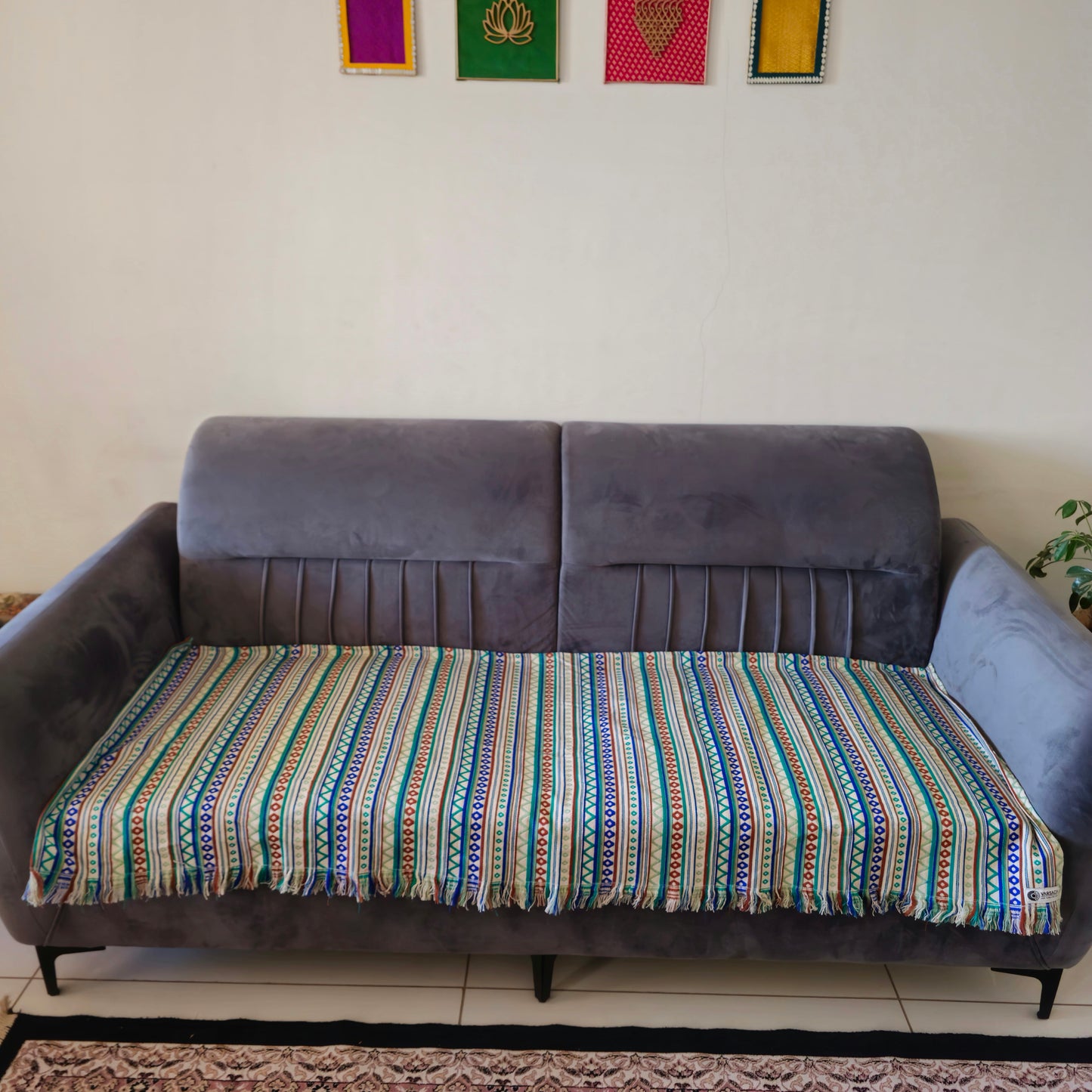 Striped Blue and Green Sofa Cover | Colourful & Stylish Design