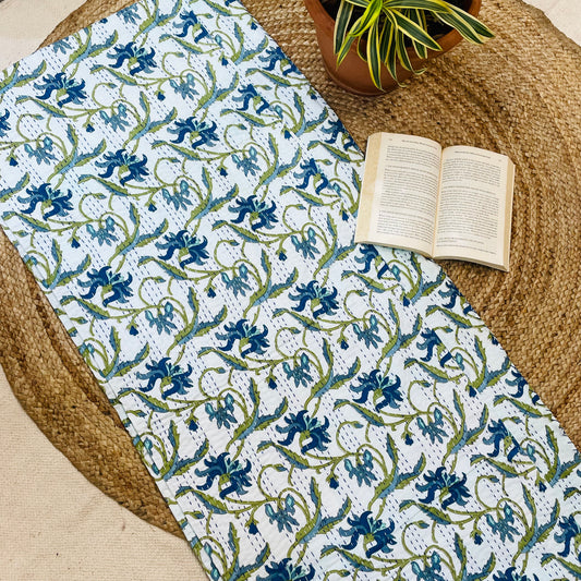 White Base Kantha Bedcover with Blue & Green Floral Motifs | Handmade & Elegant