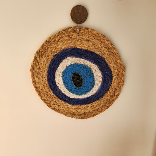 Hand-Painted Evil Eye Round Jute Mat – Multipurpose Wall Decor & Table Mat