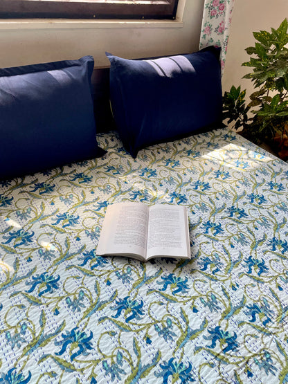 White Base Kantha Bedcover with Blue & Green Floral Motifs | Handmade & Elegant