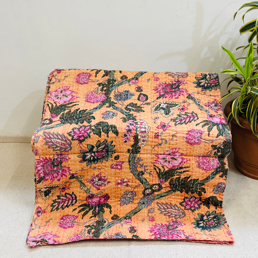 Hand-Stitched Salmon Pink Floral Kantha Bedcover