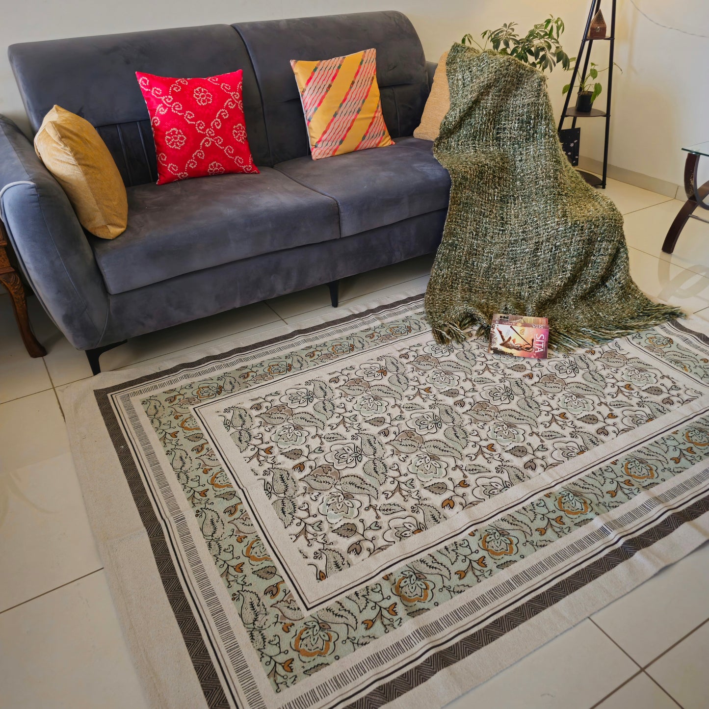 White and Green Cotton Rug with Large Floral Motif | Handwoven Dhurrie Carpet