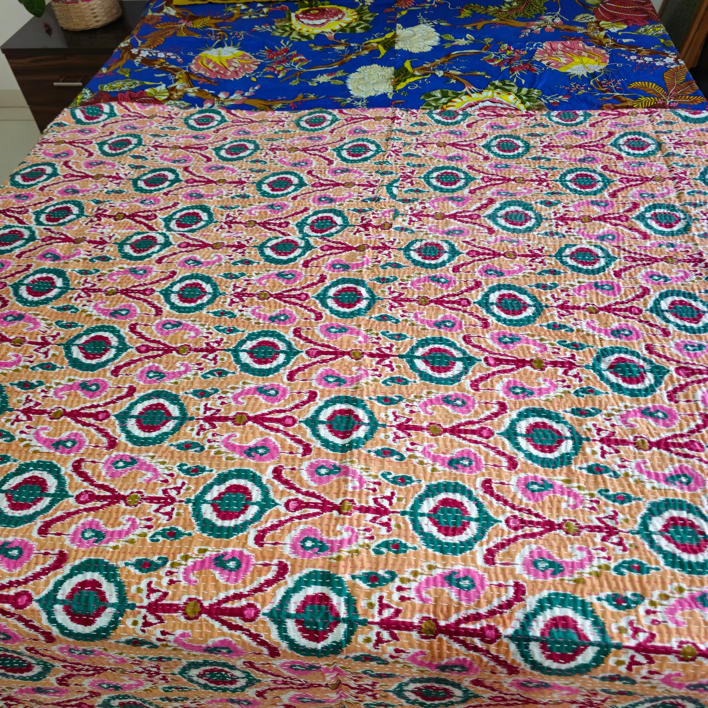 Peach Color Kantha Work Ikkat Print Single Bedcover