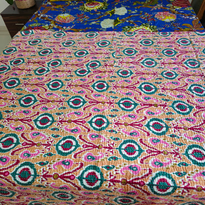 Peach Color Kantha Work Ikkat Print Single Bedcover