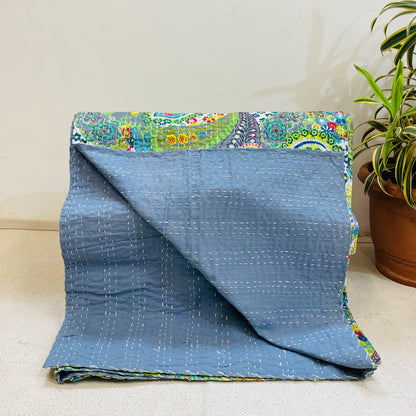 Grey and Green Paisley Print Kantha Bedcover | Handmade & Elegant