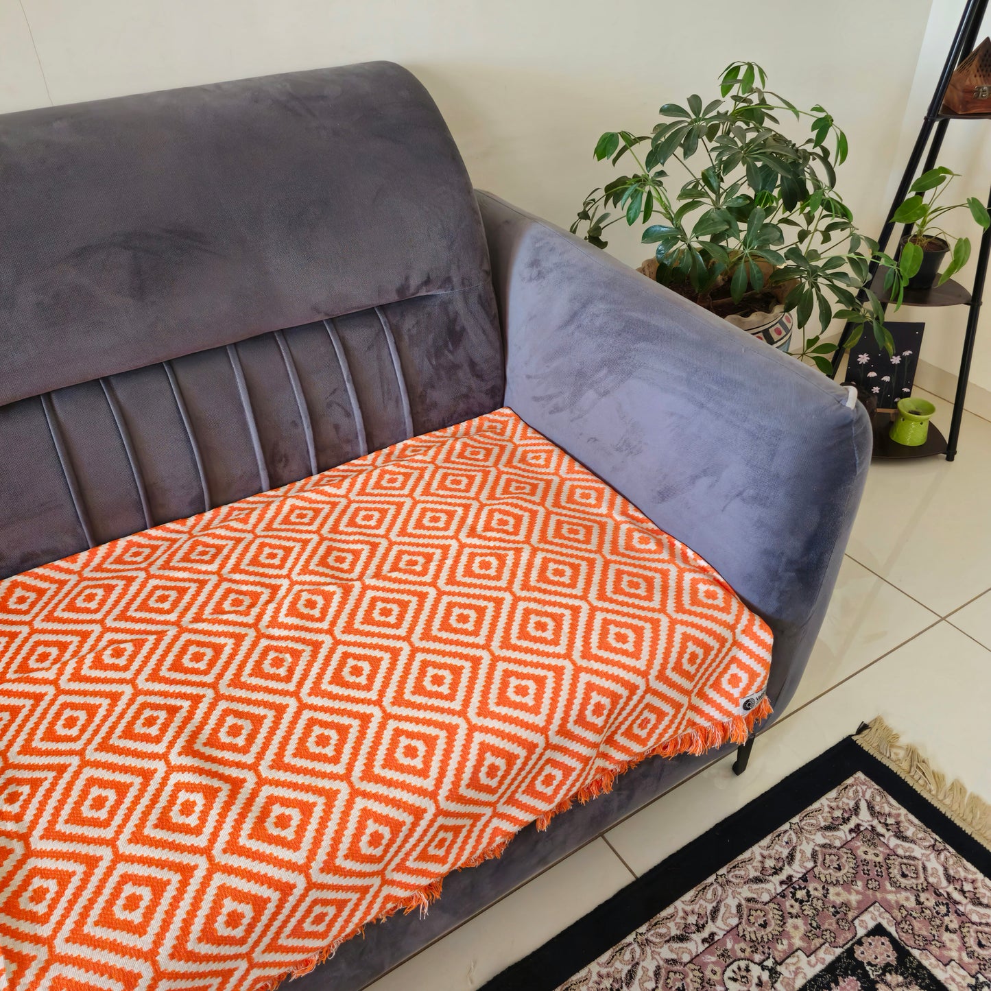 Handwoven Diamond Patterned Orange Jacquard Sofa Cover – Elegant and Durable