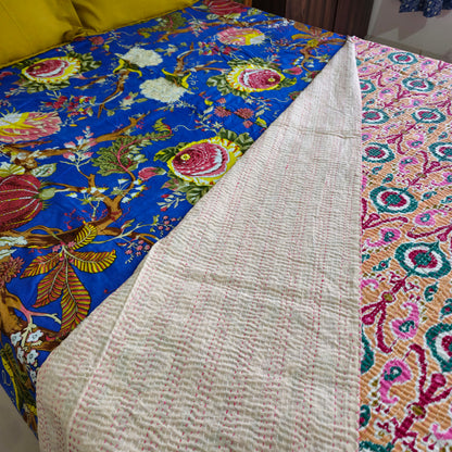 Peach Color Kantha Work Ikkat Print Single Bedcover