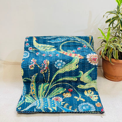 Handmade Blue Tropical Bird Kantha Bedcover