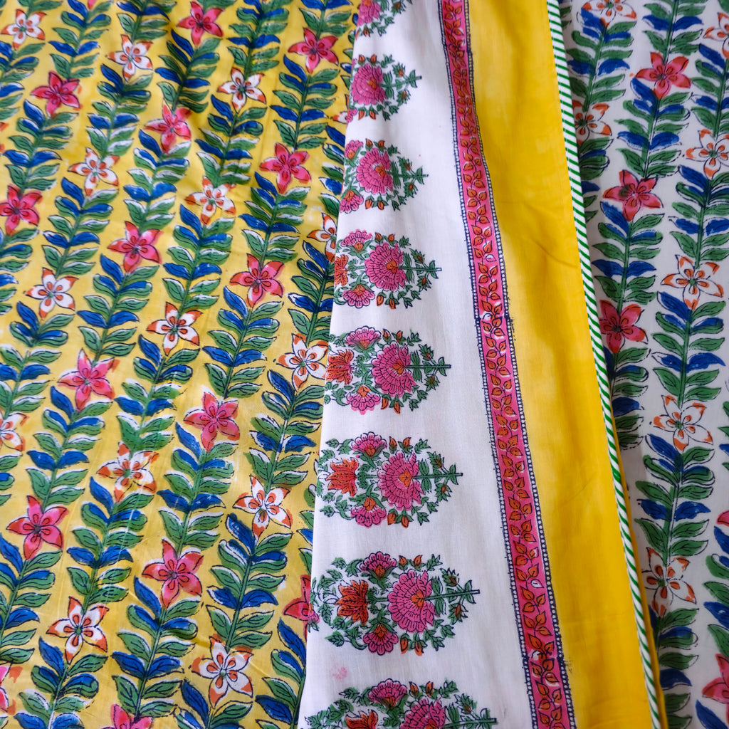Yellow And Green Floral Print Pure Cotton Reversible Dohar King Size