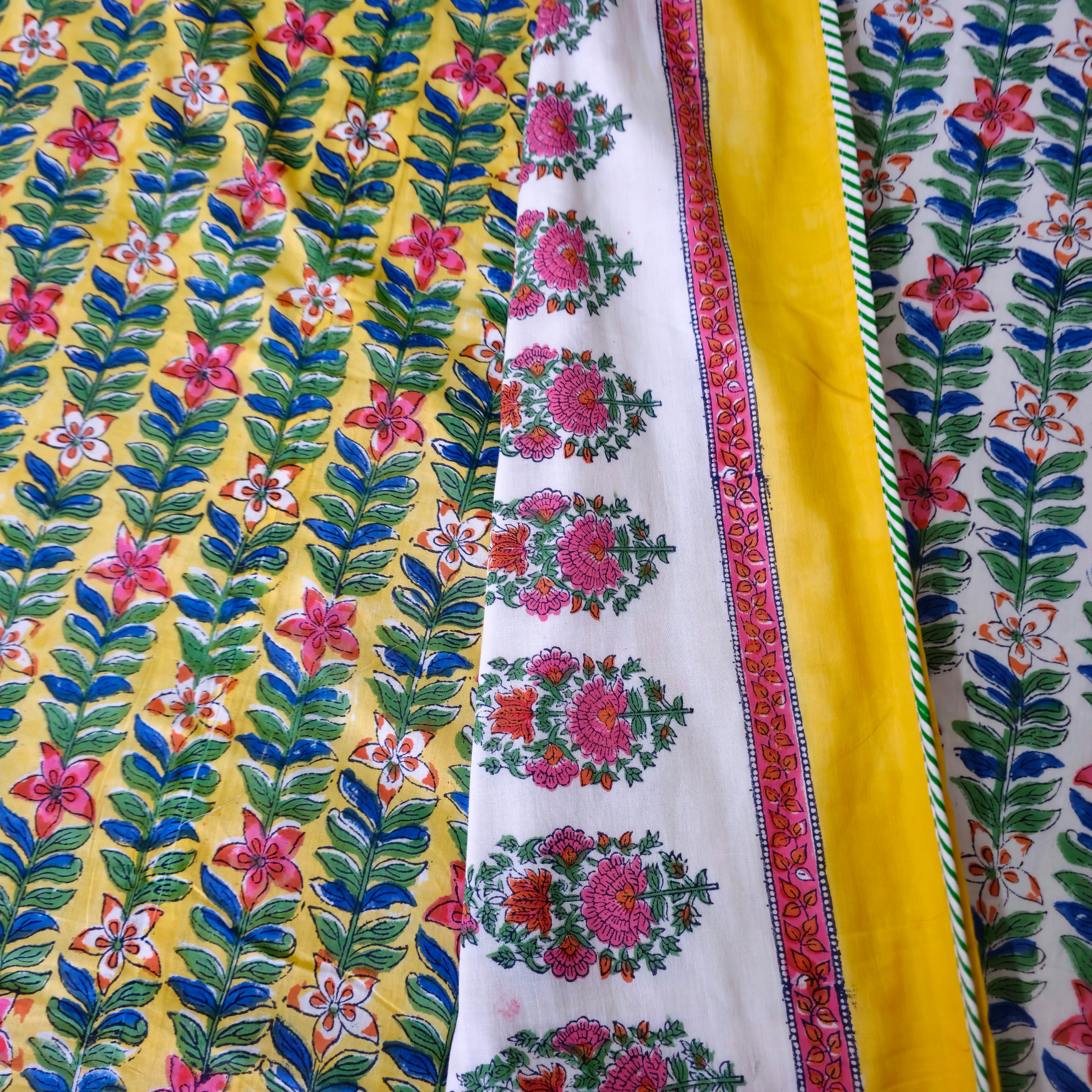 Yellow And Green Floral Print Pure Cotton Reversible Dohar King Size