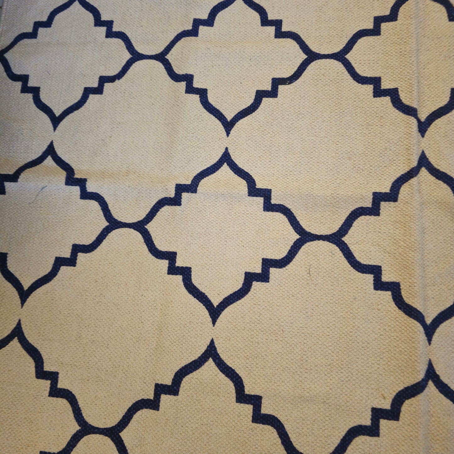 White Cotton Rug with Blue Persian-Inspired Patterns | Handwoven Dhurrie Carpet