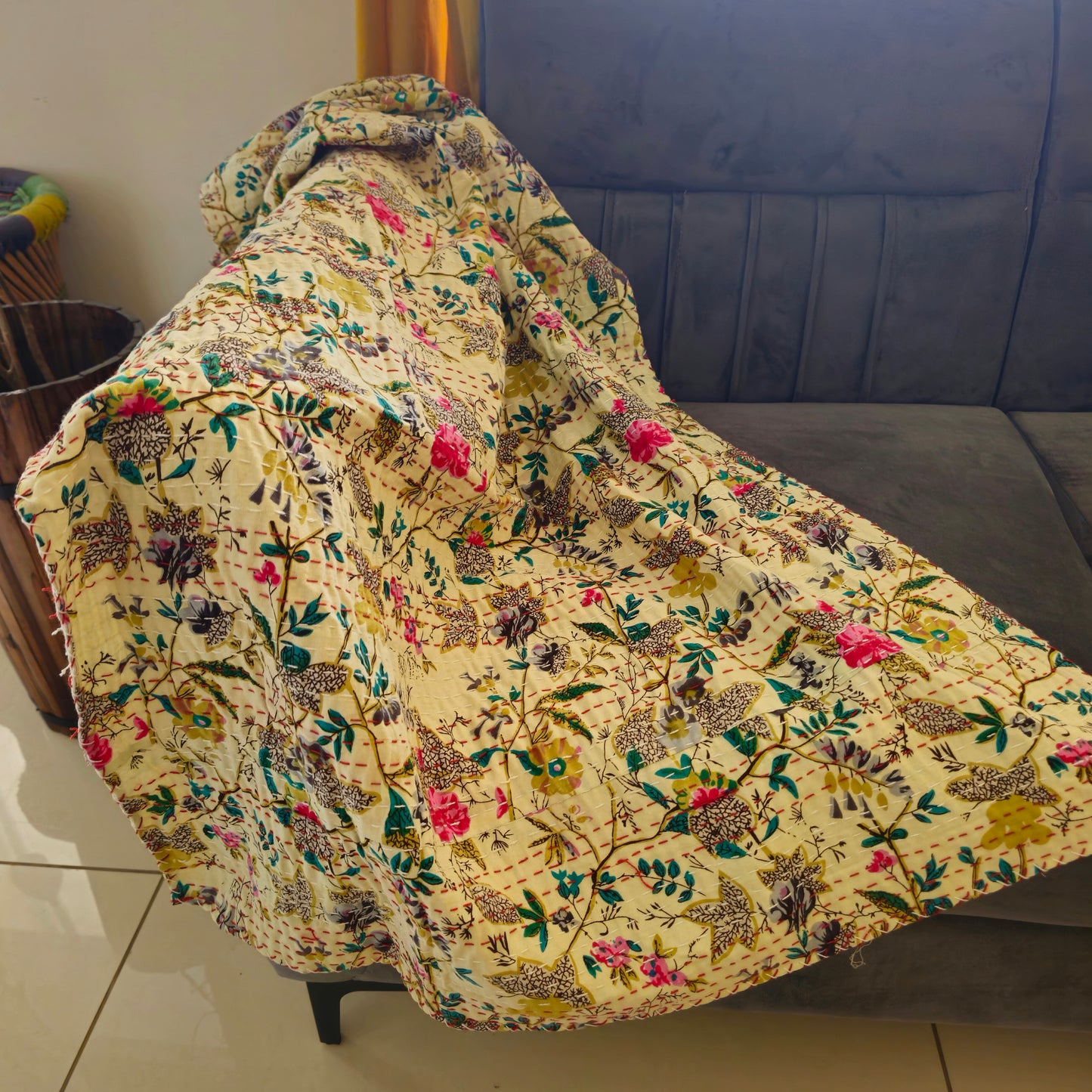 Multicolor Kantha Work Handmade Sofa Throw