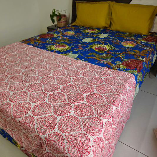 White And Red Kantha Work King Size Bedcover