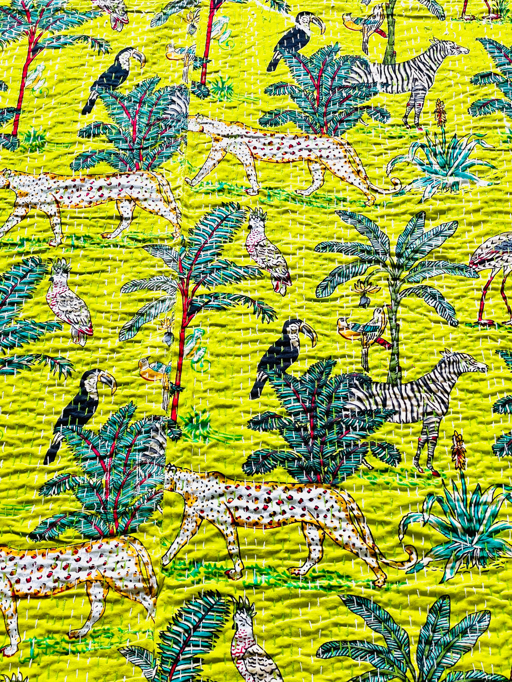 Bright Green Animal Print Kantha Bedcover | Reversible & Handmade