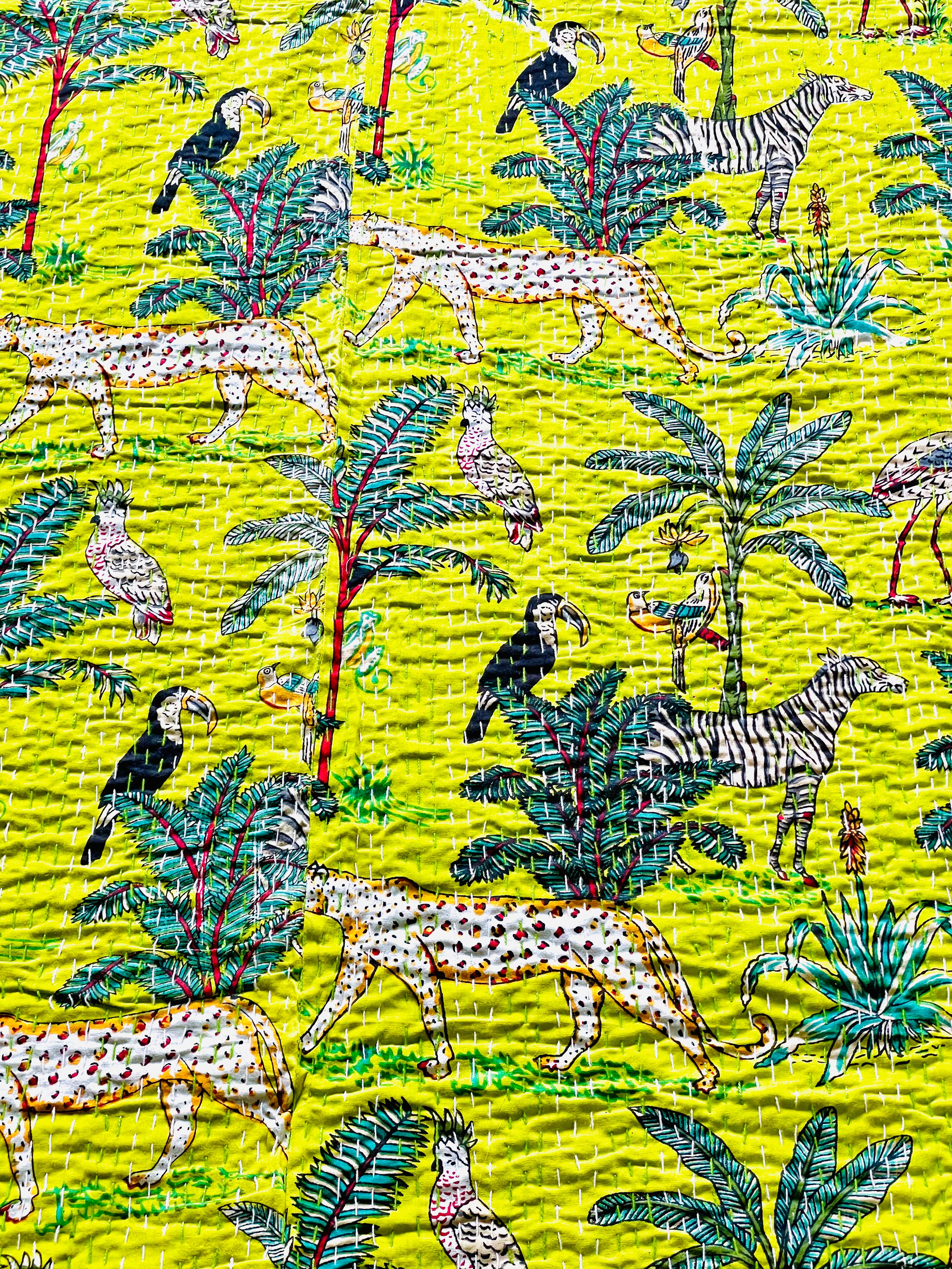 Bright Green Animal Print Kantha Bedcover | Reversible & Handmade